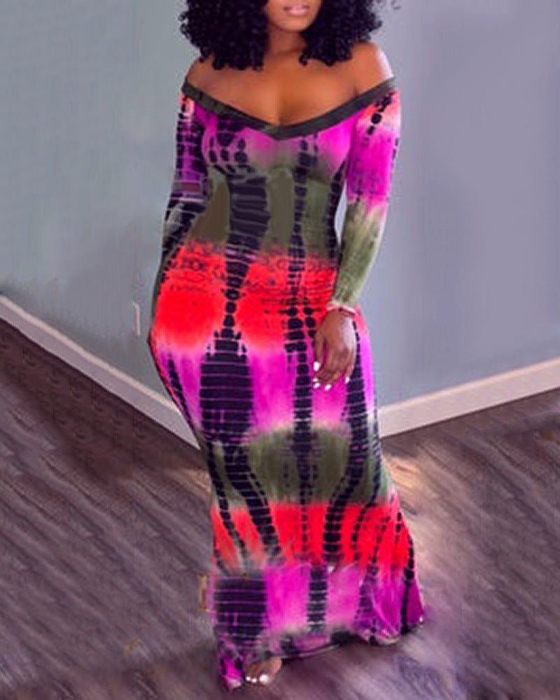 Tie Dye Long Sleeved One Shoulder Tight Skirt