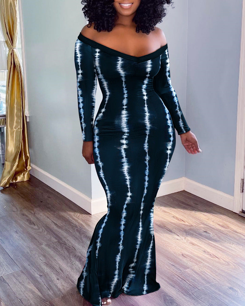 Tie Dye Long Sleeved One Shoulder Tight Skirt