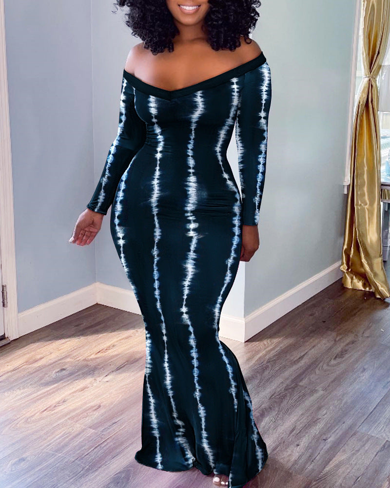 Tie Dye Long Sleeved One Shoulder Tight Skirt