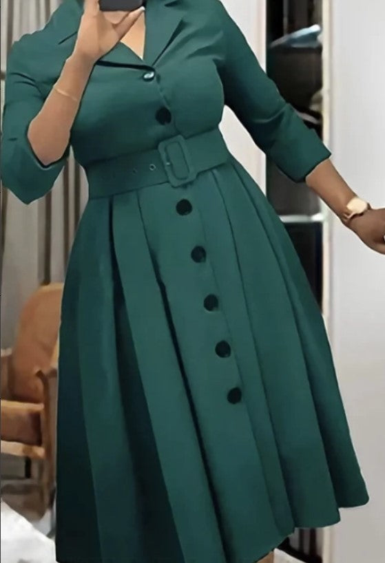 Solid Color Small V-Neck Simple Lapel A-Line Dress