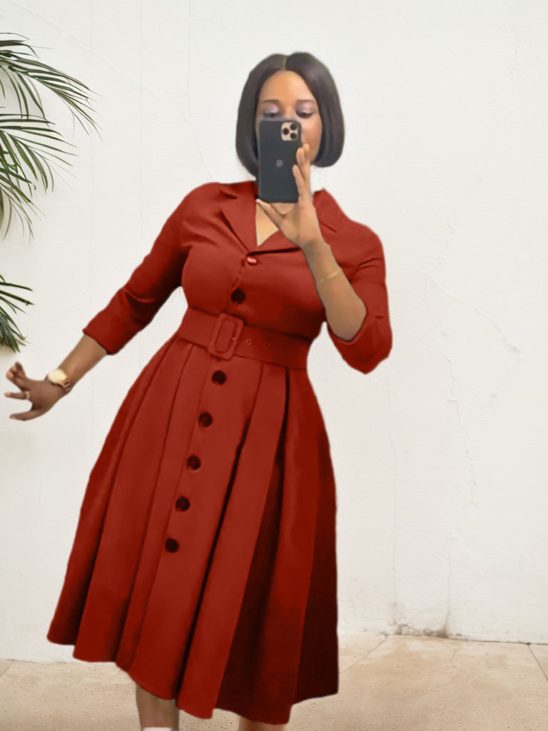 Solid Color Small V-Neck Simple Lapel A-Line Dress