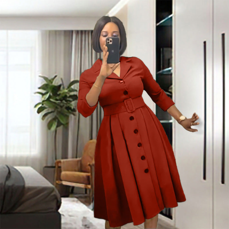 Solid Color Small V-Neck Simple Lapel A-Line Dress