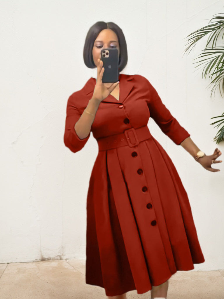 Solid Color Small V-Neck Simple Lapel A-Line Dress