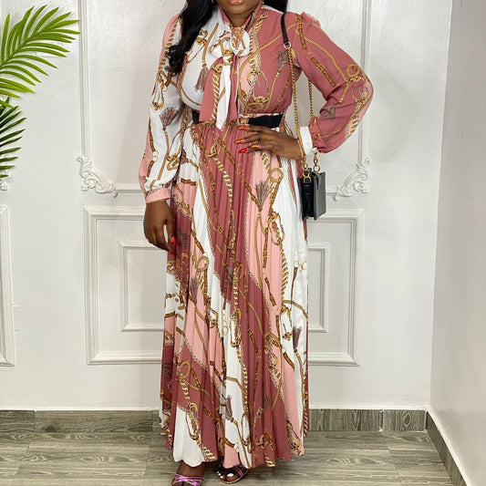 Long-Sleeved Printed Pleated Waist Lace-Up Dress