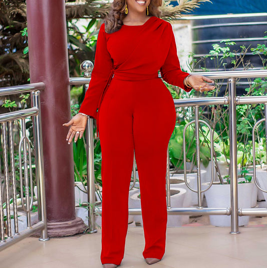 New Fashion Long Sleeved Solid Color Casual Wide Leg Outsize Romper