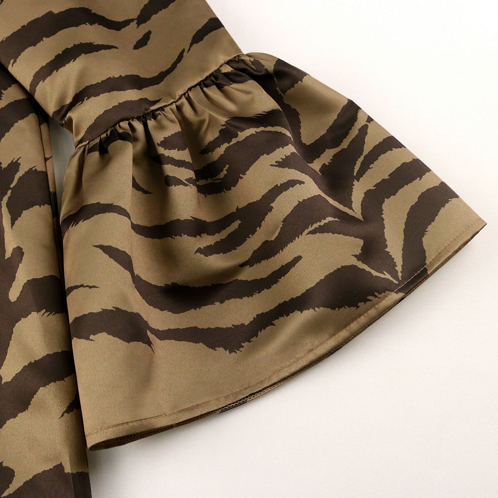 Stand Collar Trumpet Sleeve Button Cardigan Leopard Print Loose Costume