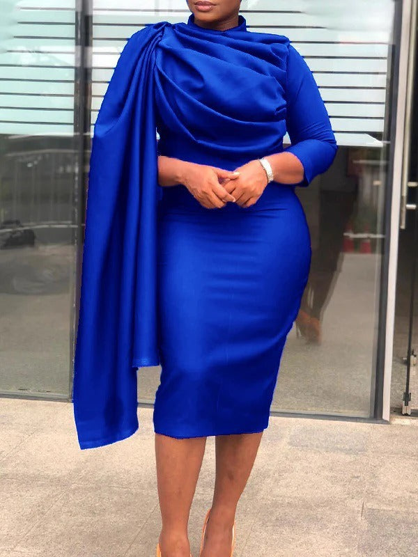 Pleated Pile Neck Nine Quarter Sleeve Dress