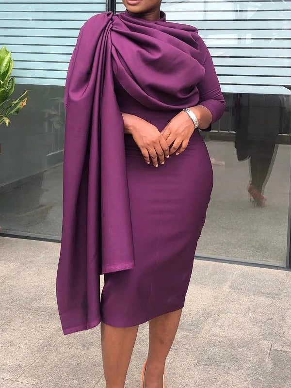 Pleated Pile Neck Nine Quarter Sleeve Dress