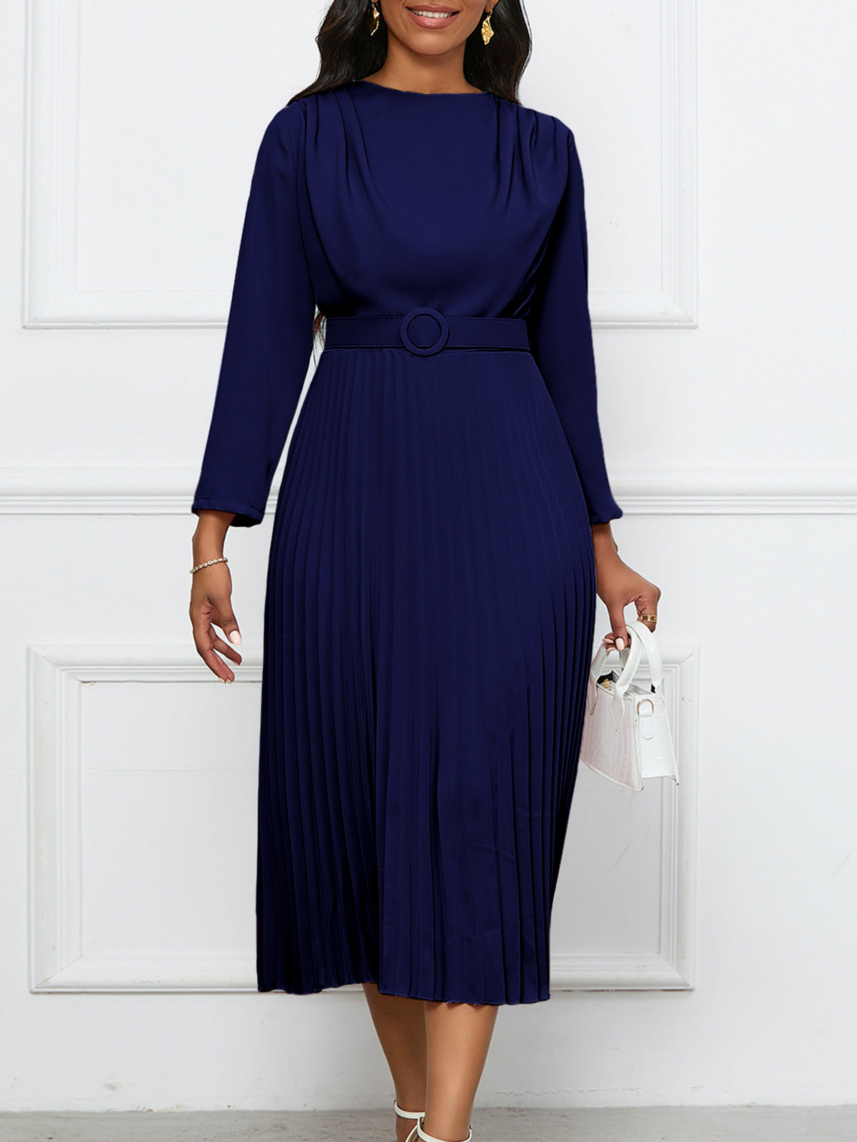 Elegant Temperament, Pleated Commuting Solid Color Dress