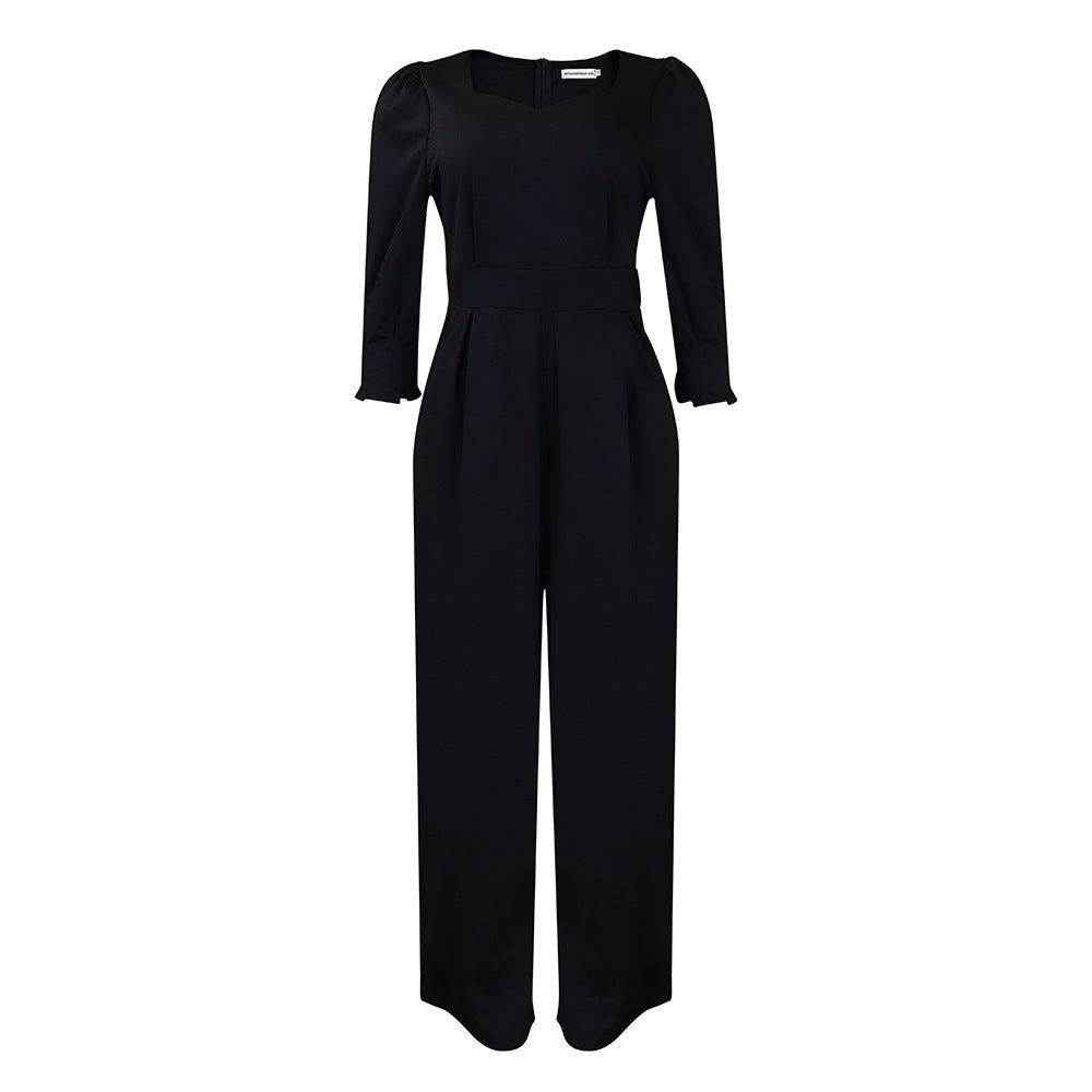 Long Sleeved Solid Color Loose Wide Leg Straight Leg Jumpsuit