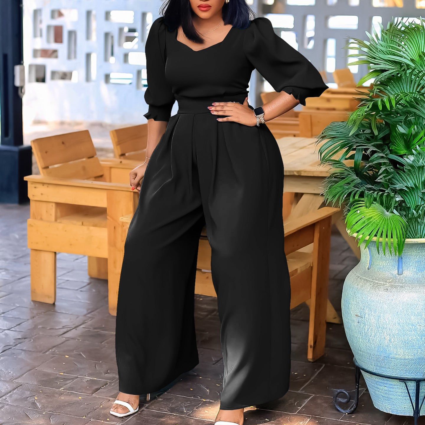 Long Sleeved Solid Color Loose Wide Leg Straight Leg Jumpsuit
