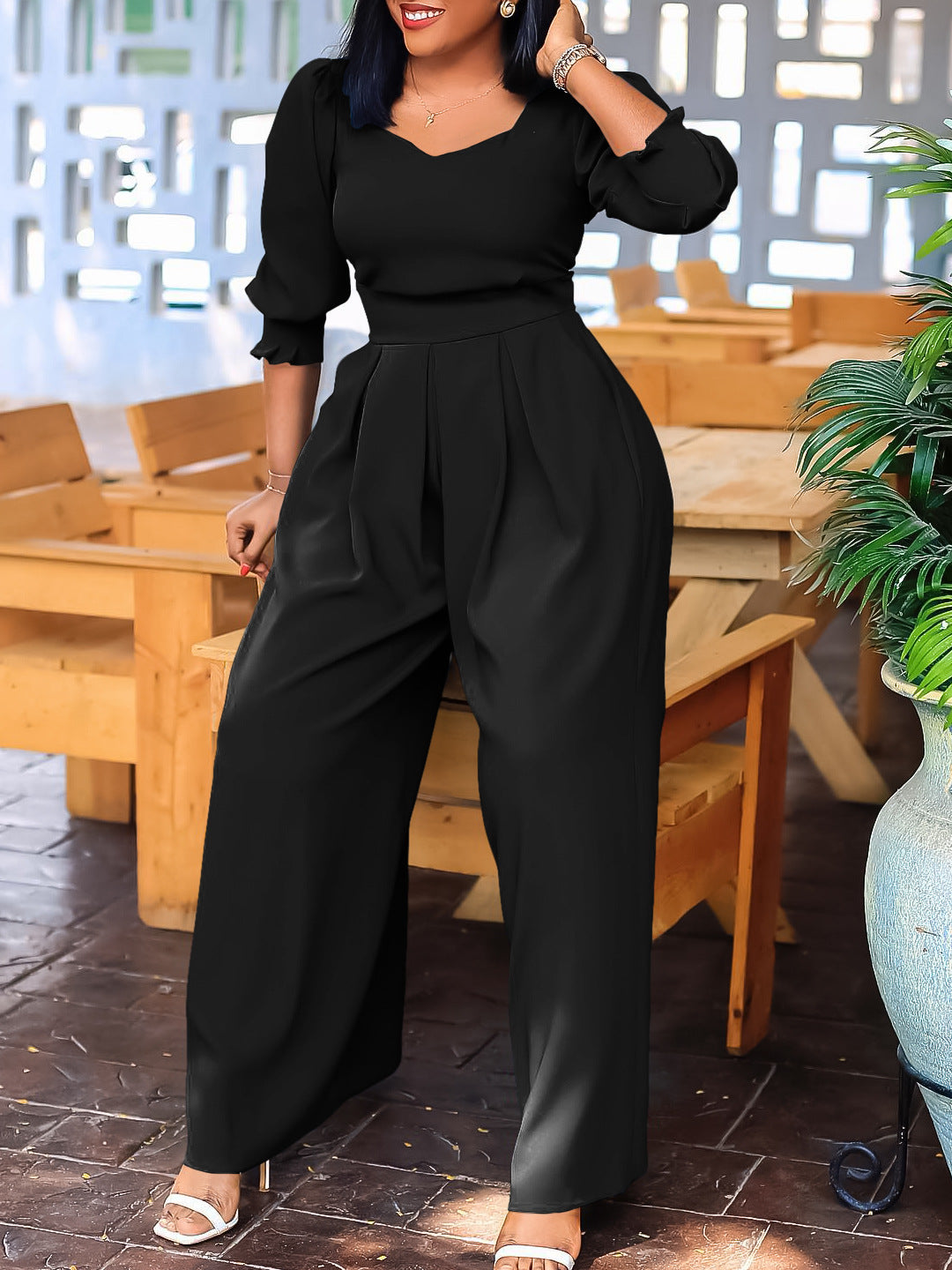 Long Sleeved Solid Color Loose Wide Leg Straight Leg Jumpsuit