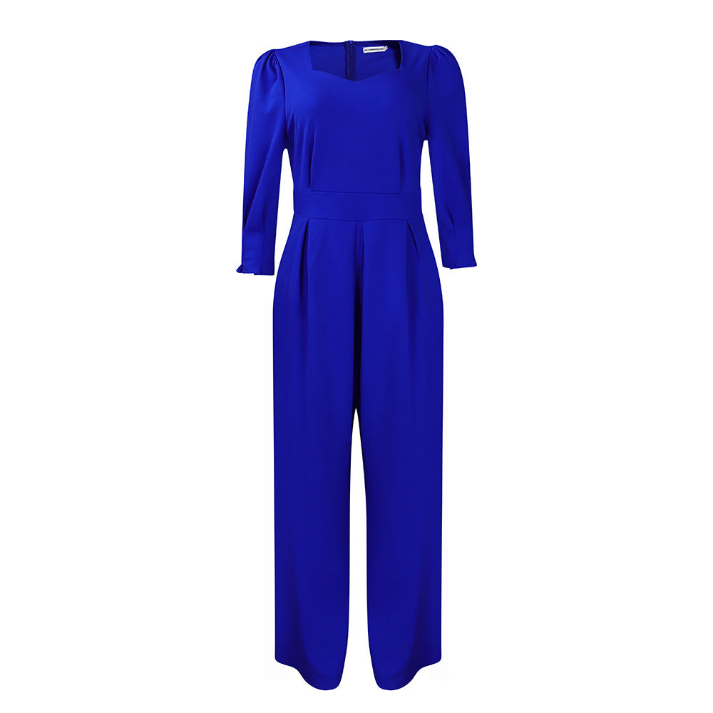 Long Sleeved Solid Color Loose Wide Leg Straight Leg Jumpsuit