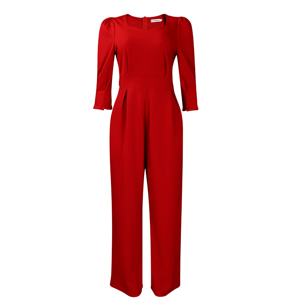 Long Sleeved Solid Color Loose Wide Leg Straight Leg Jumpsuit