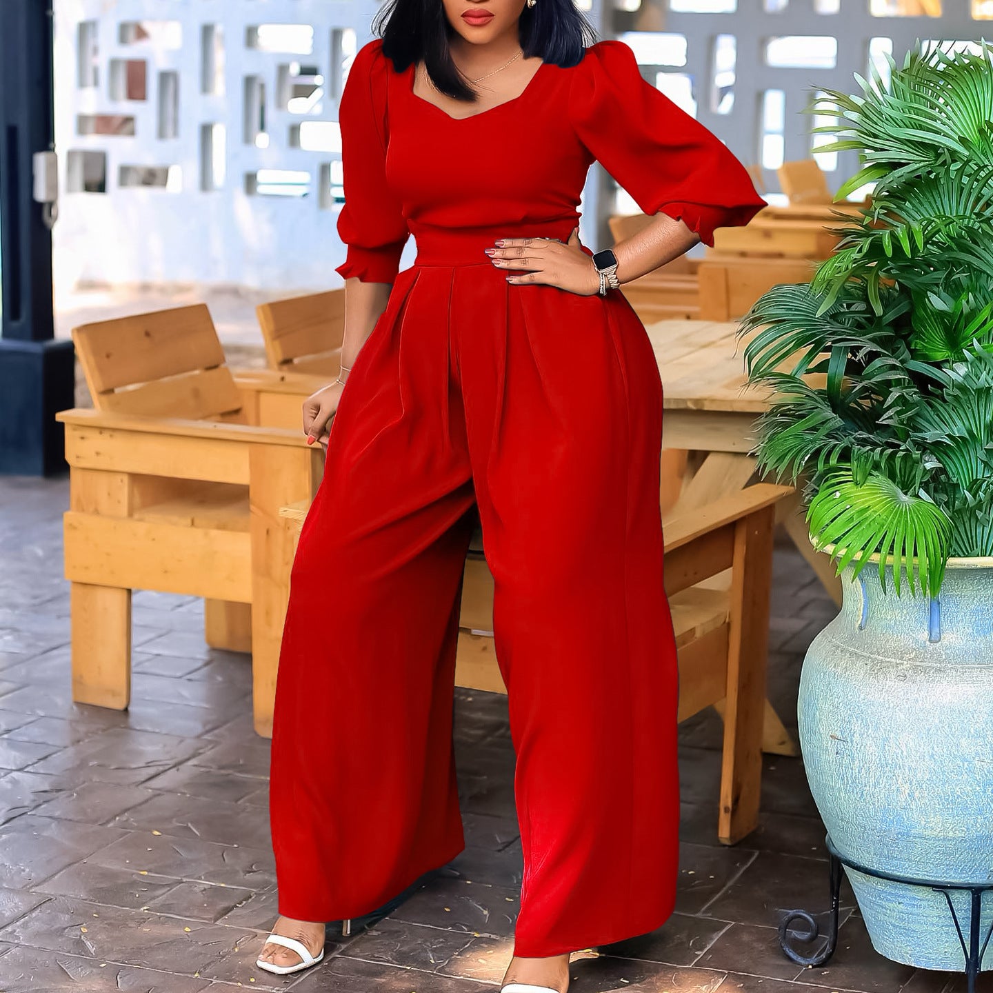 Long Sleeved Solid Color Loose Wide Leg Straight Leg Jumpsuit