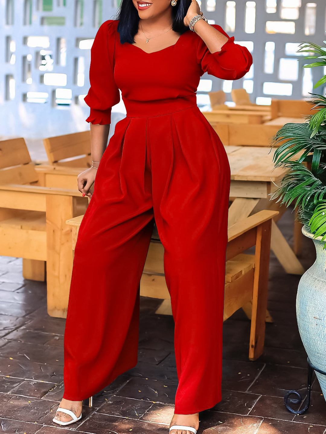 Long Sleeved Solid Color Loose Wide Leg Straight Leg Jumpsuit