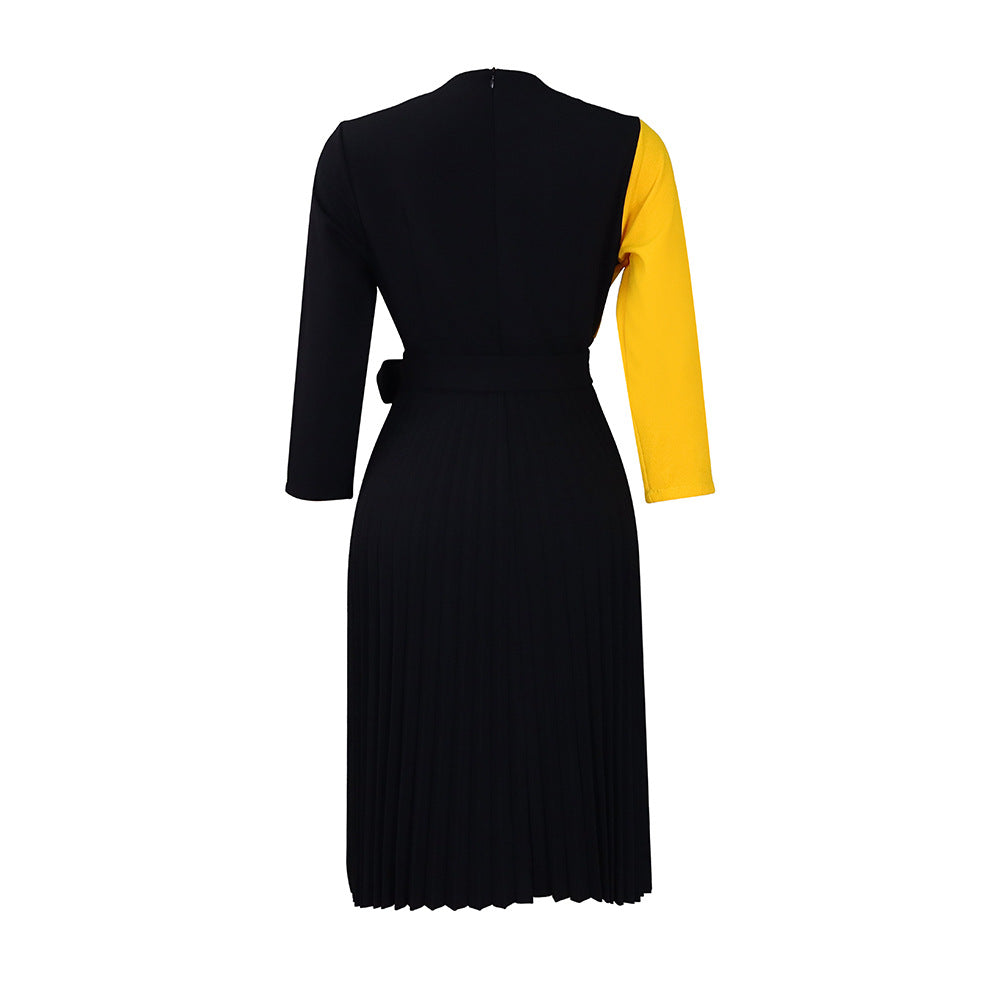 Elegant Dress With Stylish Color Blocking Straps And Pleated Skirts