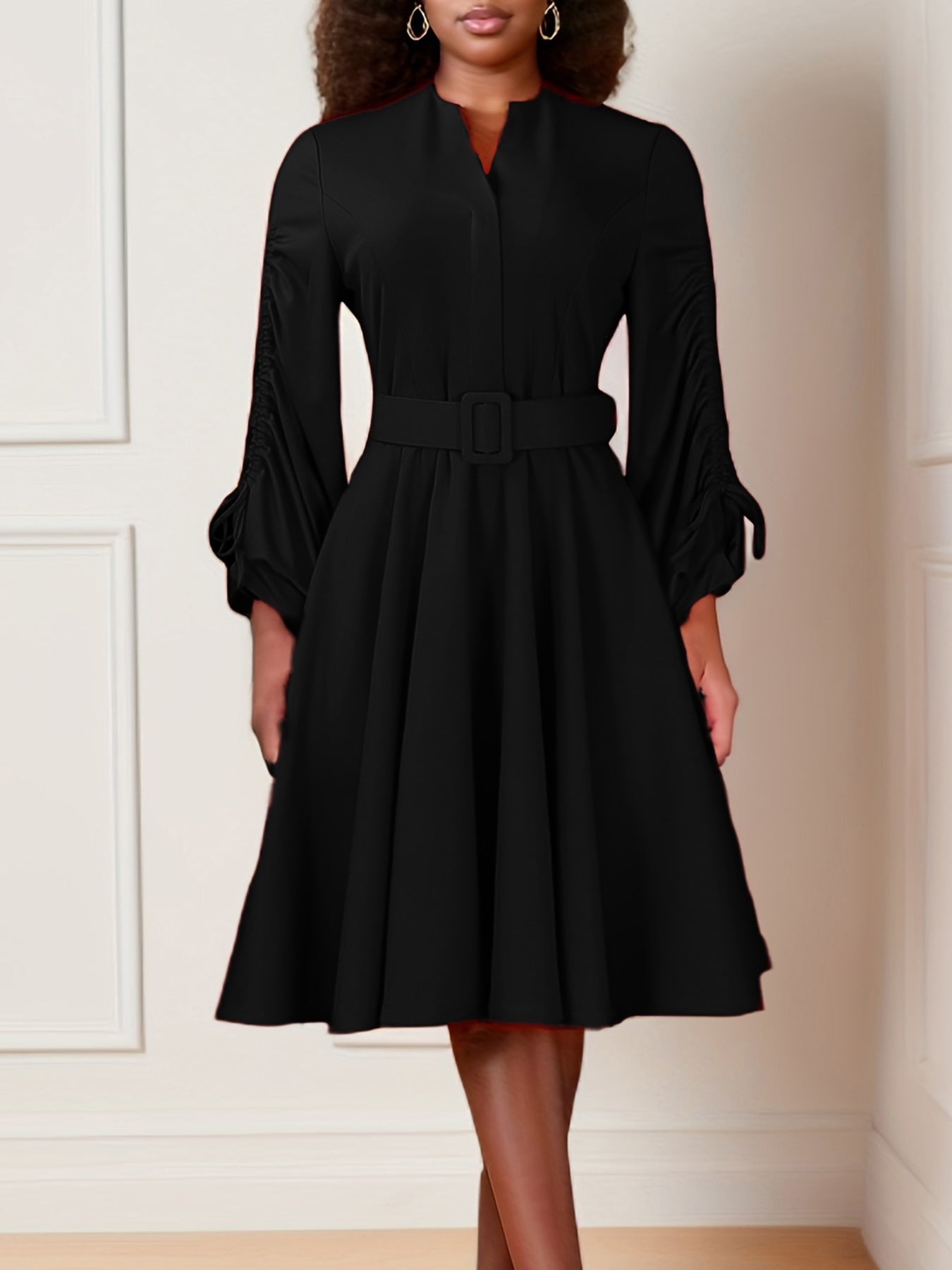 Fashionable V-Neck Drawstring Pleated Elegant Dress