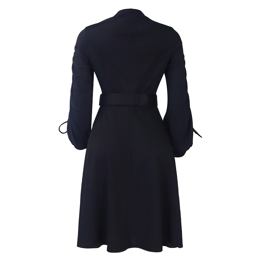 Fashionable V-Neck Drawstring Pleated Elegant Dress