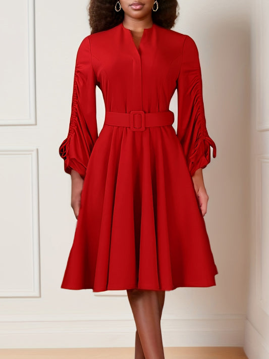 Fashionable V-Neck Drawstring Pleated Elegant Dress