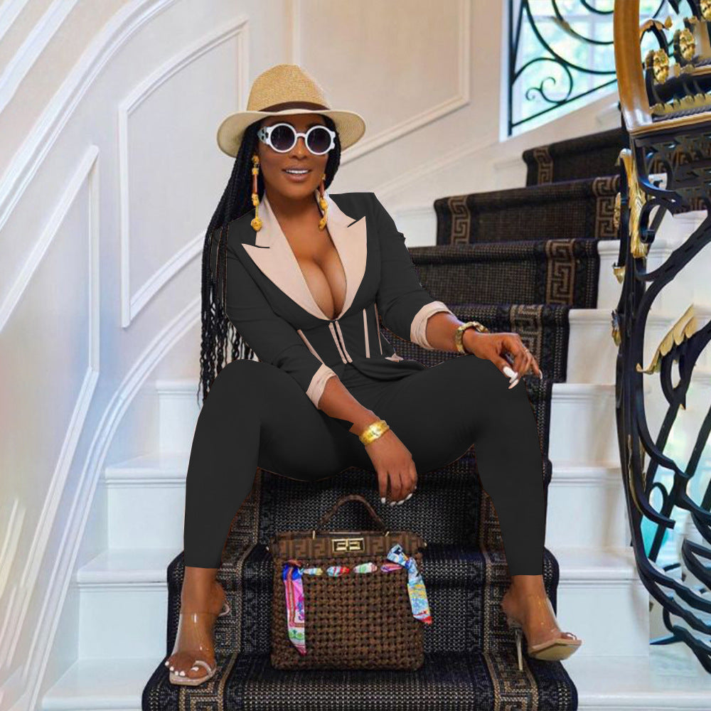 Women's Fashion Color Blocked Suit Two-Piece Set