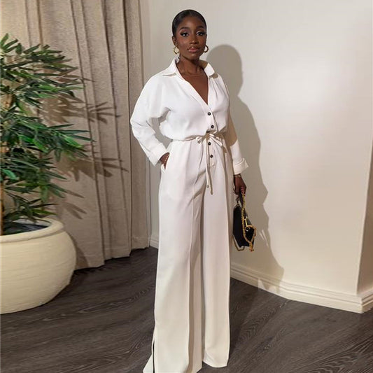 Solid Color Lapel Long Sleeved Breasted Waistband Tie Up Wide Leg Jumpsuit