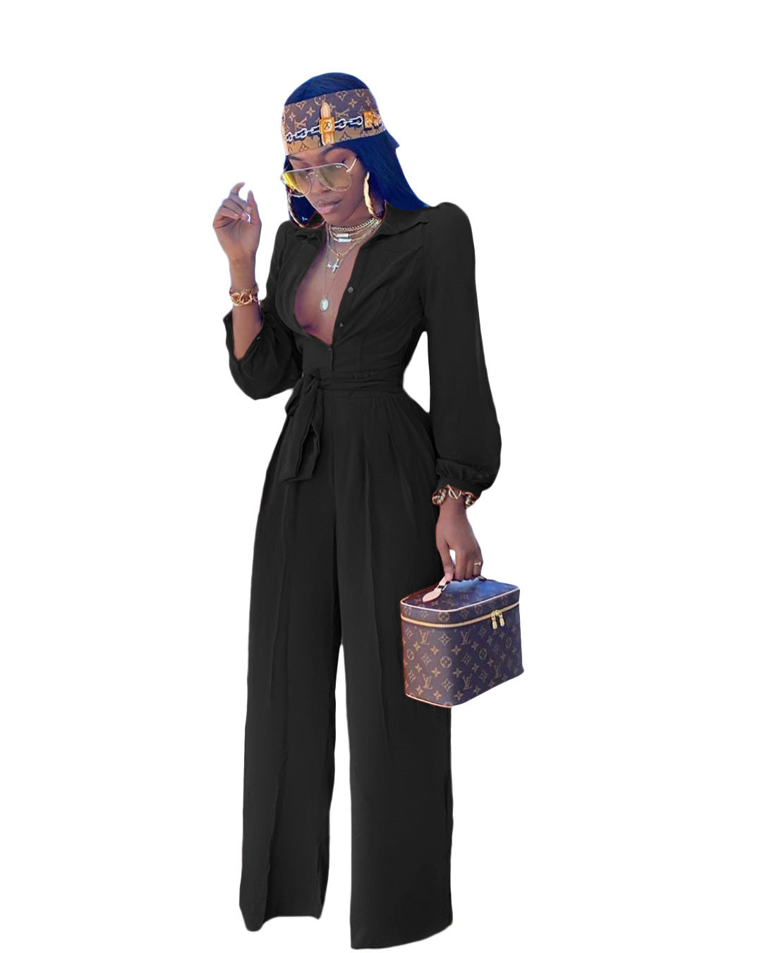 Fashionable And Elegant High Waist Shirt Collar Jumpsuit