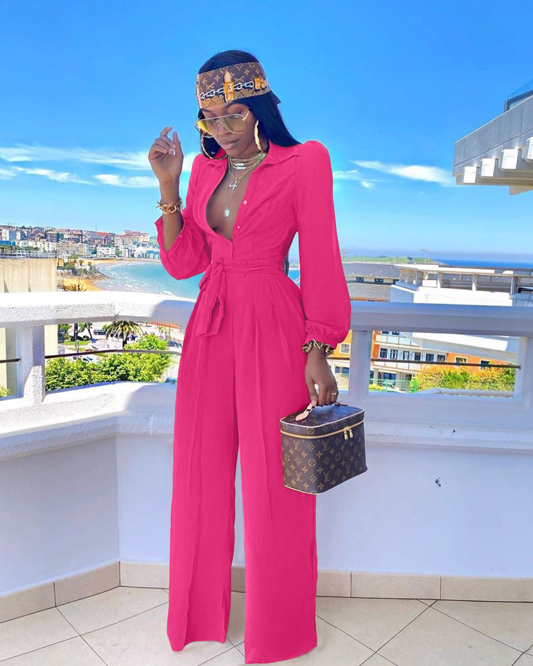 Fashionable And Elegant High Waist Shirt Collar Jumpsuit