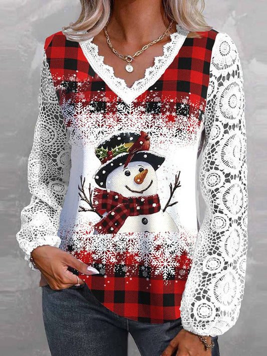 V-Neck Lace Patchwork Mid Length Top T-Shirt