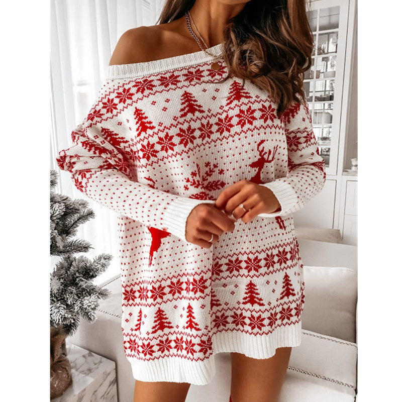 Christmas Jacquard Loose Knitted Long Sleeve Dress