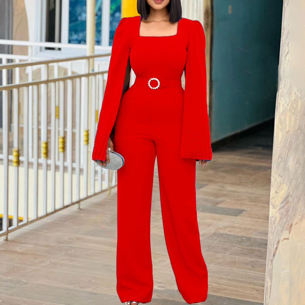 Solid Color Broadleg Beaded Cape European And American Jumpsuit