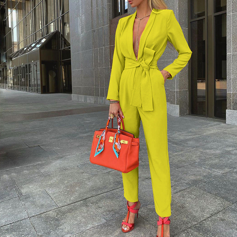 Fashionable Solid Color Strappy Deep V Jumpsuit