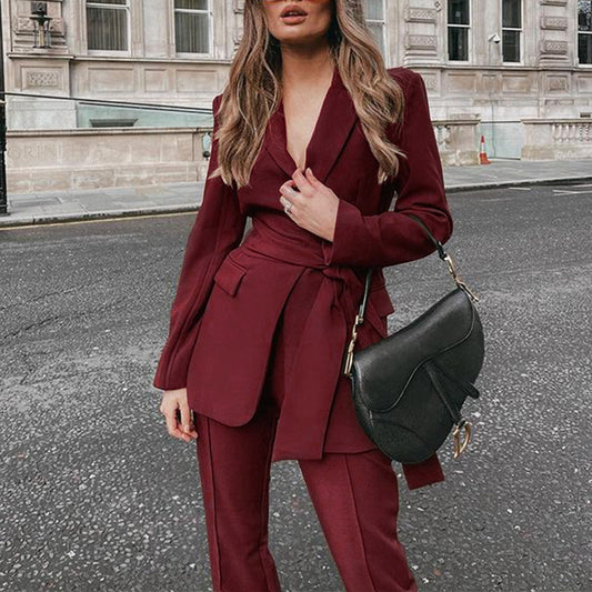 Fashionable Thickened High-End Lace Up Suit And Trousers Set, Two-Piece Set
