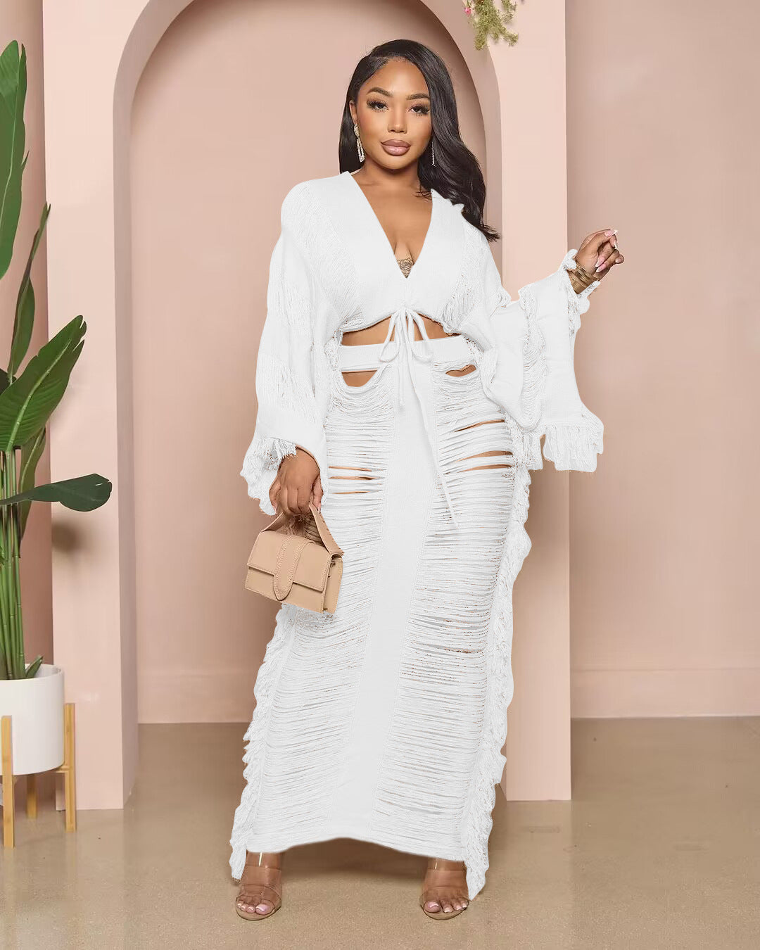 Leisure Knitted Hollow Out Long Sleeve Skirt Set