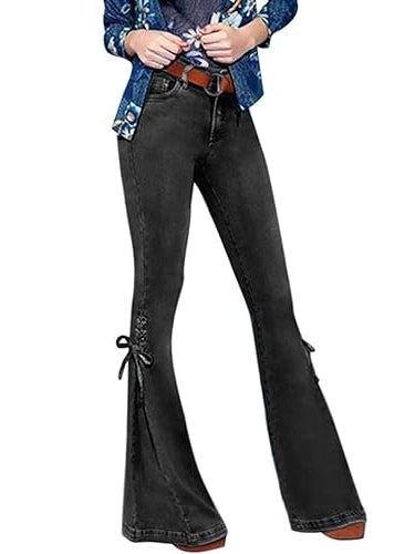 Mid Waist Lace Up Denim Pants