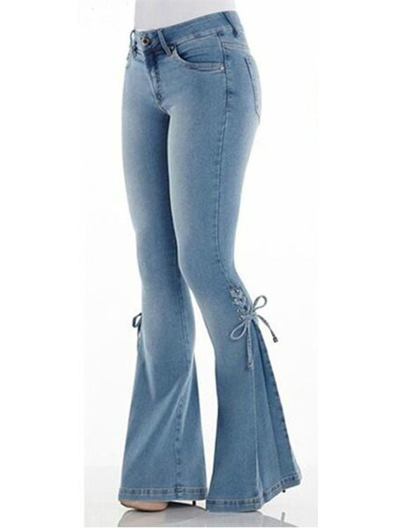 Mid Waist Lace Up Denim Pants