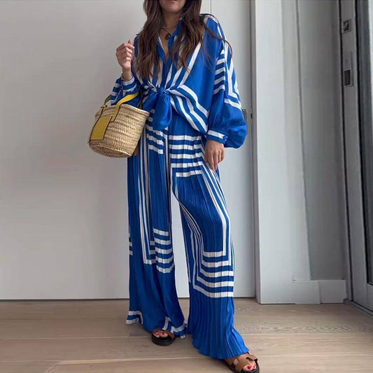 Fashion Printed Striped Shirt Pleated Straight Leg Wide Leg Pants Set