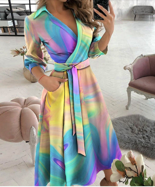 Print Collar Long Sleeves Loose Fashion Irregular Long Shirt Dress
