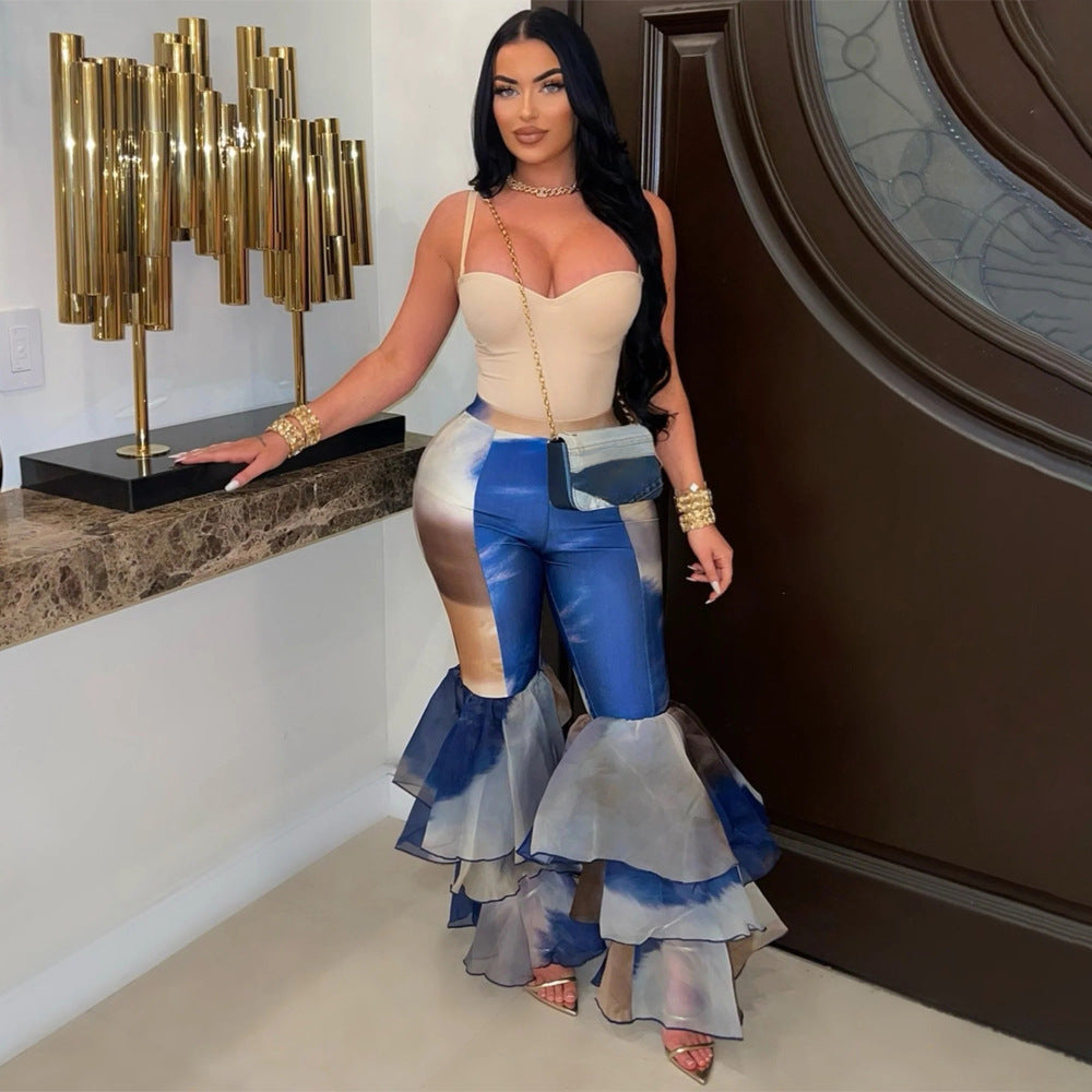 Tie Dye Printed Flared Pants With Ruffled Edges