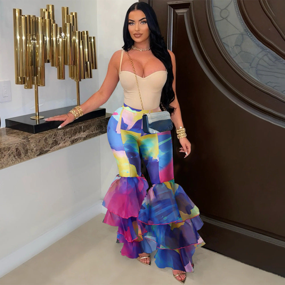 Tie Dye Printed Flared Pants With Ruffled Edges