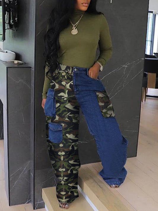 Denim patchwork camo three-dimensional pocket cargo pants for women