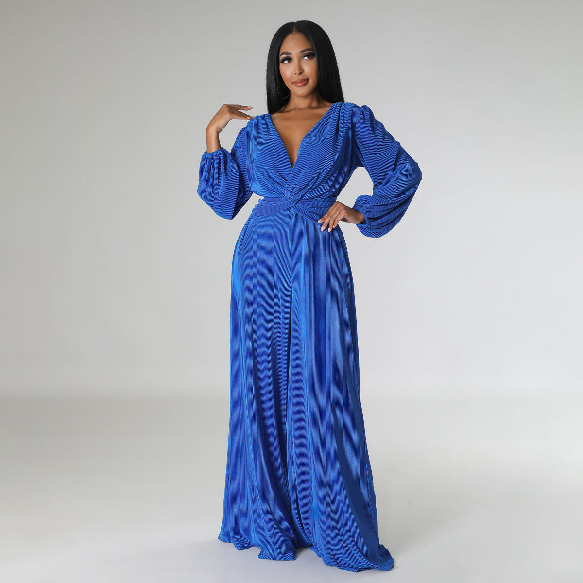 V-Neck Pleated Fabric Long Sleeved Waist Cinched Wide Leg Pants Jumpsuit