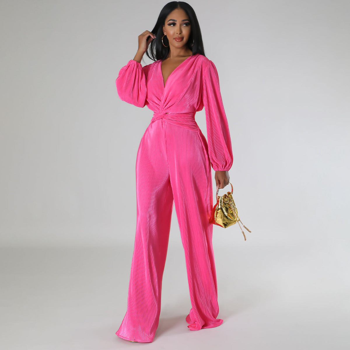 V-Neck Pleated Fabric Long Sleeved Waist Cinched Wide Leg Pants Jumpsuit