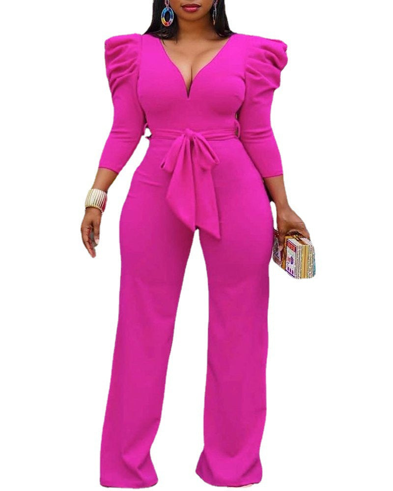 Fashionable And Elegant V-Neck Puff Sleeve Jumpsuit