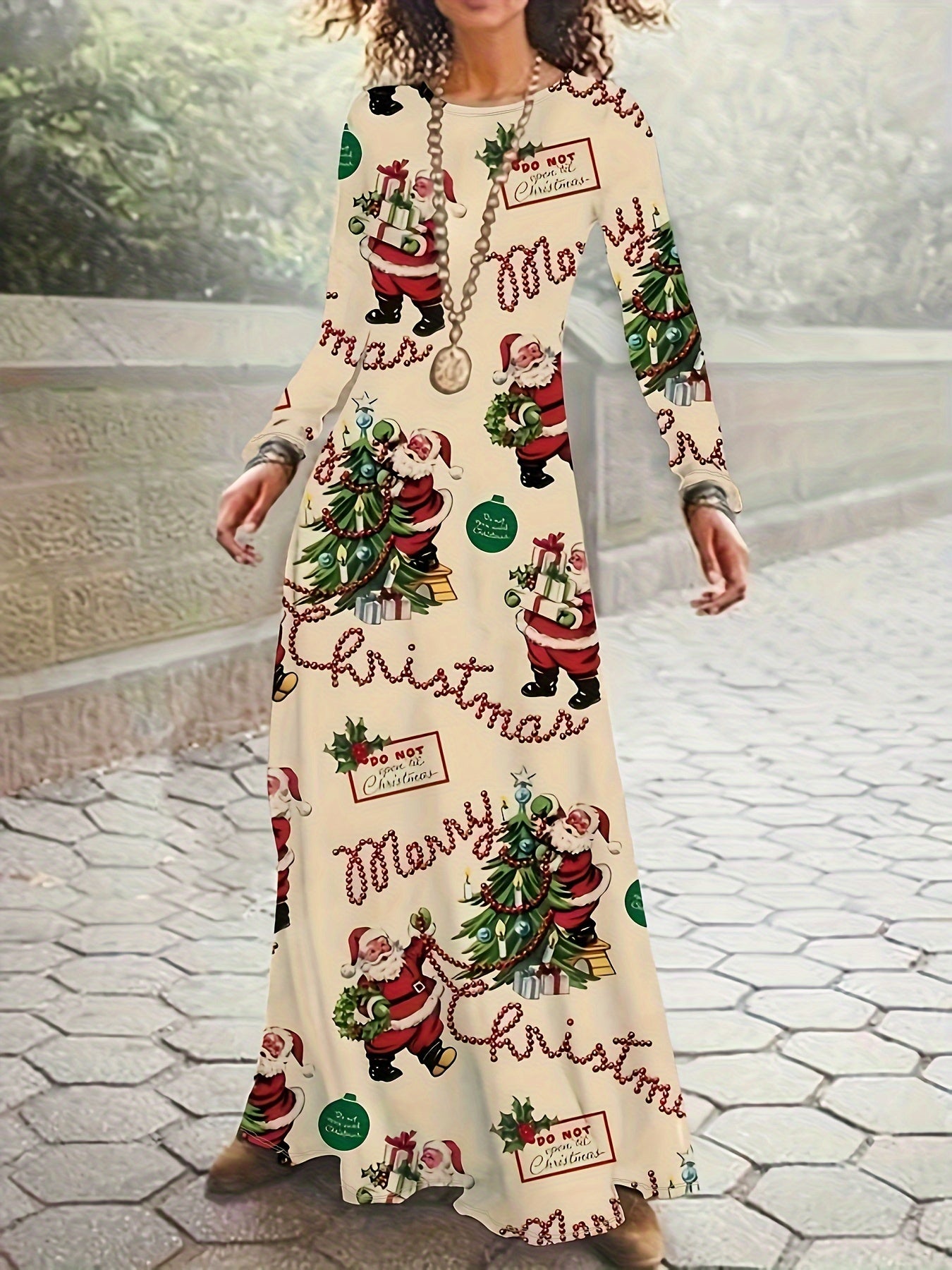 Ladies' Fashionable Christmas Printed Long Sleeved Dress