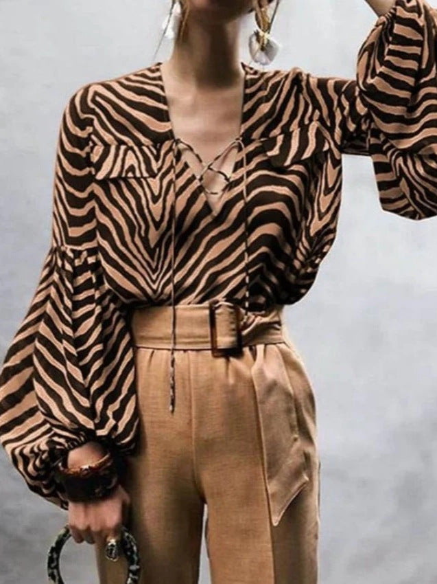 Spring and Summer New Zebra Print V-Neck Lace up Long Sleeved Shirt