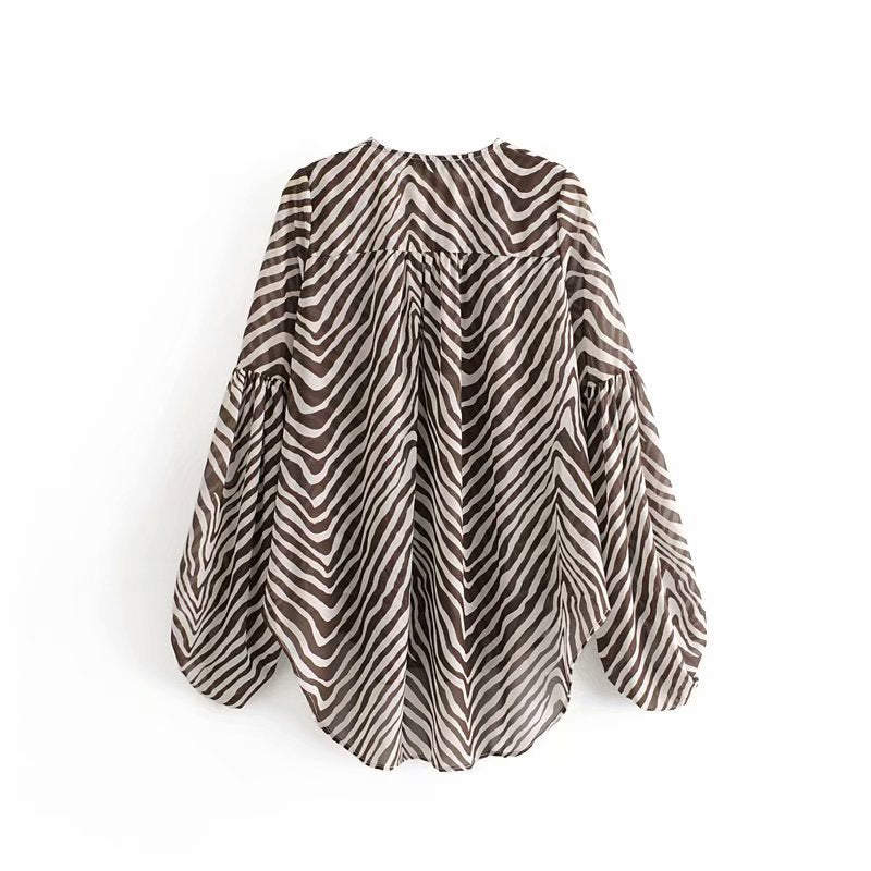 Spring and Summer New Zebra Print V-Neck Lace up Long Sleeved Shirt