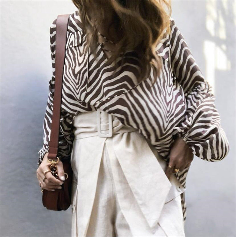 Spring and Summer New Zebra Print V-Neck Lace up Long Sleeved Shirt