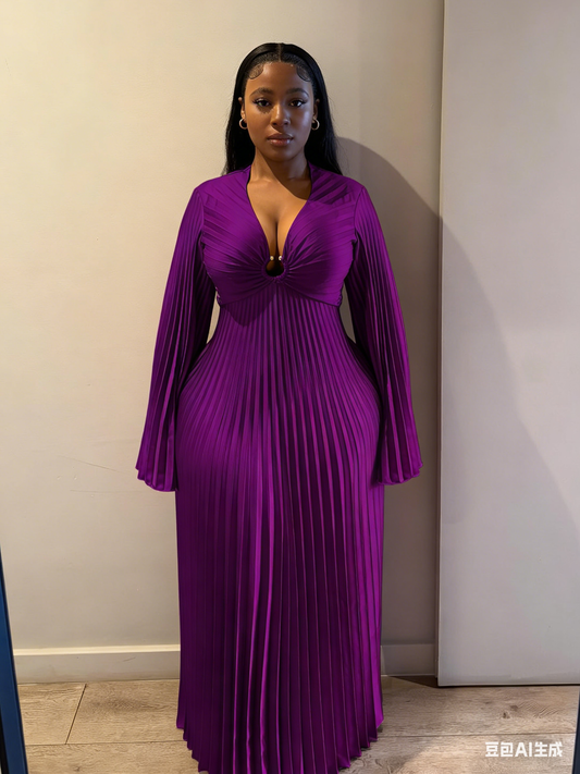 Stylish And Elegant V-Neck Pleated Dress