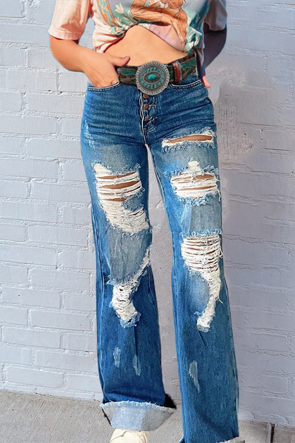 Vintage Wash Distressed Wide-Leg Jeans